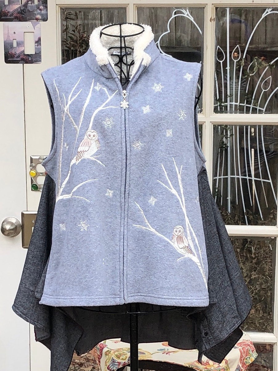 Womens Gray Fleece Vest Owl Embroidery Gray Shirting Side Etsy