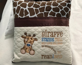 Pocket pillow embroidered child reading pillow embroidered giraffe zip close satin trim brown giraffe animal print soft  fleece