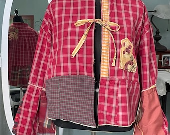women’s crop jacket reversible upcycled cotton plaid shirt jacket red orange green patchwork plus size ruffled hem flared sleeves babydoll