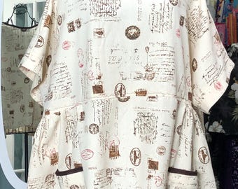 Women’s cotton linen brown on cream babydoll top popover boxy handmade vintage look postal print brown trim pockets plus size short