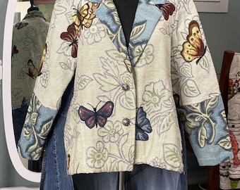 Women’s plus size tapestry butterfly jacket denim duster long jacket high low hemline upcycled jacket blue butterfly shabby chic boho