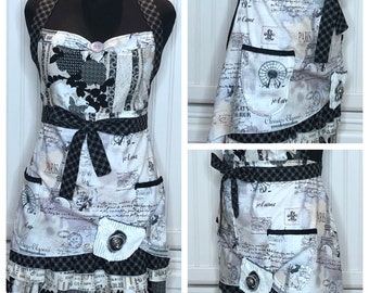 Women's full apron Paris theme black purple flowers ruffled cotton shabby chic Black Eiffel black cream flower fabric ties posh girl apron