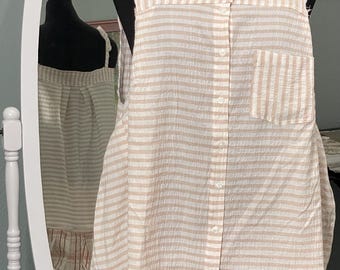 Women’s summer tunic tank top white tan stripe seersucker upcycled button front top picnic wear sleeveless lightweight ruffle hem plus size