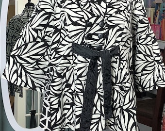Women’s upcycled jacket: upsized, black white, abstract print, cotton, plus size, tie front or button back, cape like, quarter sleeves