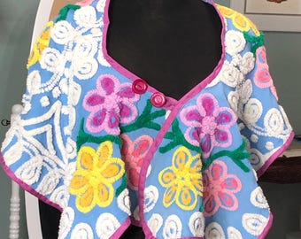 Vintage Chenille Capelet: Handmade Floral Shrug, One-of-a-Kind