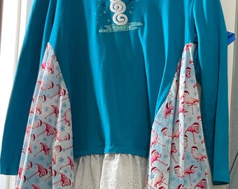 Upcycled Christmas Tunic XL: Snowman Applique, Flamingo Print