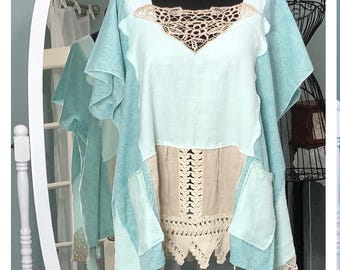 Womens linen lace aqua green tunic upcycled vintage crochet lace repurposed cotton kimono sleeve handmade summer pop over top plus size