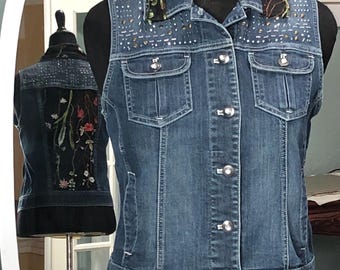 Upcycled embroidered lace Denim Vest: Women's M-L size, boho chic, button front, gem trimmed