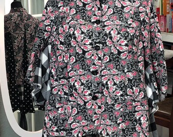 Upcycled black red floral jacket; black white buffalo check, high low hemline, kimono sleeve, plus size