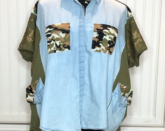 Womens light blue denim green camo XXL tunic shirt dark army green cotton tee gold bling tee half sleeves button up light denim shirt