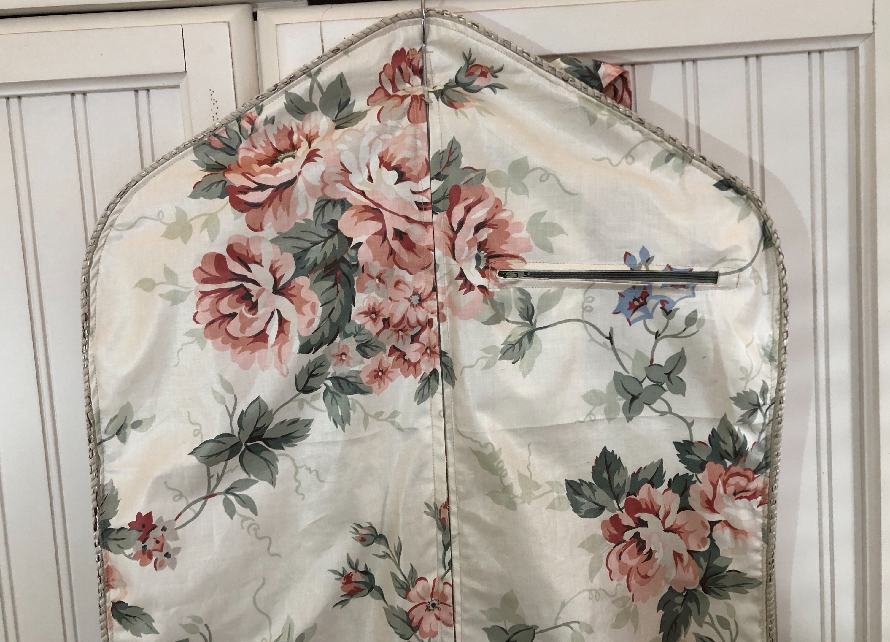 Garment bag travel set cream green pink roses upholstery fabric braided