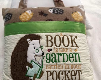 Childs book pocket pillow embroidered hedge hog brown fleece soft back reading quote birthday Christmas gift green satin trim appliqué book