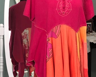 Womens tunic tee pink sorbet orange Assymetric hem upcycled plus size tee shirt embroidered front paisley print boho chic one of a kind top