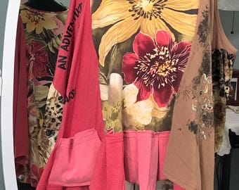 Womens tunic tee free size tan pink orange large flower print alpaca picture animal print free size upcycled tee tunic coverup