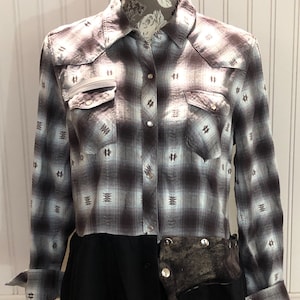 Womens flannel shirt black aqua plaid upcycled flannel western shirt tunic length flannel shirt altered couture shirt black long hem shirt