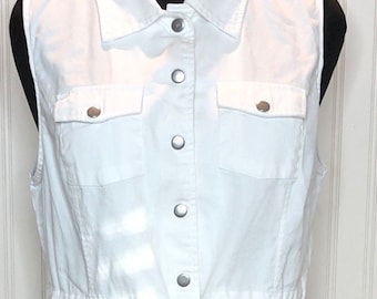 Womens L white denim duster vest Navy blue white yellow up cycled A line skirt attached navy front peplum back