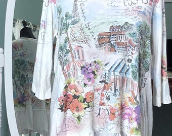 Upcycled Tee Shirt Tunic: Plus Size white tee ruffles, Paris graphic Eiffel Tower print