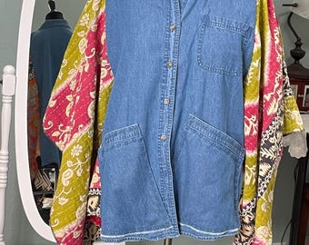 women’s blue denim shirt kantha kimono sleeved green pink orange print plus size upcycle boho light jacket large front pockets