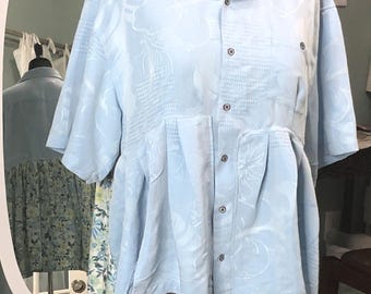 Women’s light blue shirt button up tunic upcycled shirt pleated bottom back blue yellow flowered polyester skirted hi low hem plus size