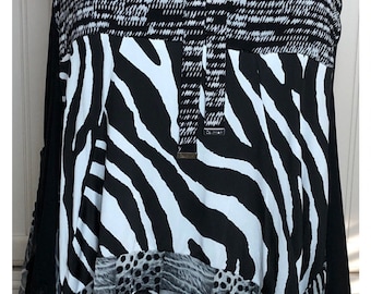 Women’s black white animal print tunic plus size black lace trim empire waist high low hanky hem upcycled pop over top zebra stripe top