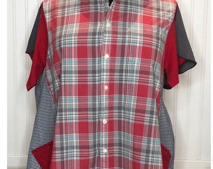 Featured listing image: Women’s red grey plaid upcycled tunic shirt plus size petal sleeve button front cotton shirt pleated black gingham check side red ruffle hem