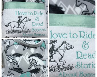 Child book pocket pillow gift for girl embroidered girl riding horse print gray aqua green fleece satin trim white quilted pocket pillow