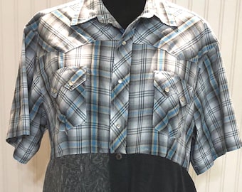 Womens aqua black gray upcycled XL shirt tunic western shirt lace butterfly trim cotton shirt repurposed shirt Black gray and plaid shirt