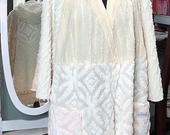 Womens Vintage chenille hooded kimono jacket pink taupe cream patchwork collage fringed robe handmade plus size