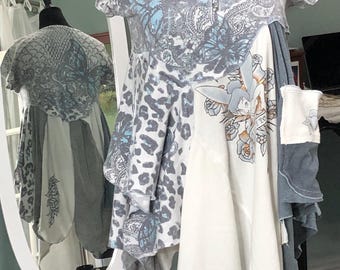 Womens tunic tee blue white gray Assymetric hem upcycled XL size tee shirt fairy butterfly heart print boho chic one of a kind top