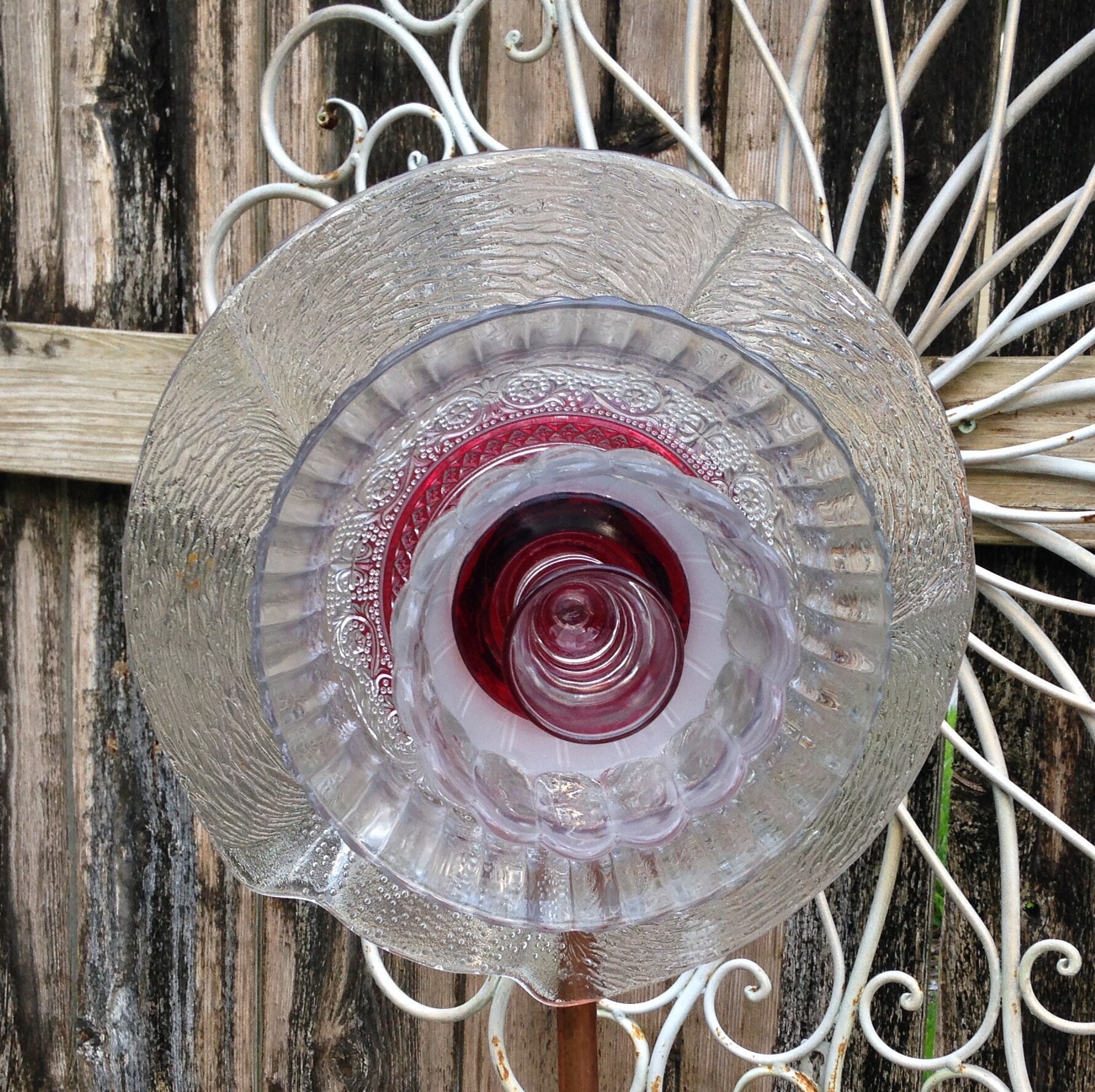 Yard Art Glass Flowers Repurposed Plate Flower Red Yard Art Glass Flowers Repurposed Plate Flower Red Etched Bowl Garden Shabby Chic Sun Catcher