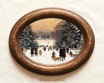 Vintage vinter i Central Park oljemålning: Charmigt digitalt jultryck, Heritage Reading Veckodekor, Ralph Lauren julkonst