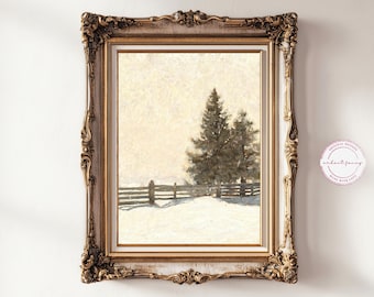 Rustik snöig vintergröna oljemålning: Digitalt tryck med vintagejul, Ralph Lauren-jul, dekoration i skidstugan, minimalistisk skandinavisk inredning