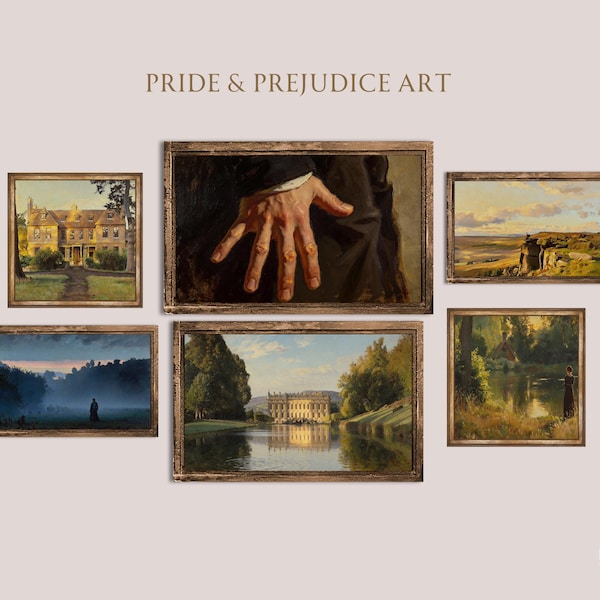 Pride and Prejudice Art Print Bundle: Mr Darcy's Hand Flex, Pemberley, Elizabeth Bennet, Cottagecore Oil Painting, Bookish Wall Art