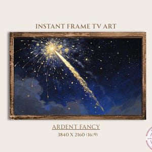 May include: Digital art print for TV screens, depicting a golden explosion against a dark blue night sky. The artwork is framed in a rustic brown wooden frame. Text on the image reads "INSTANT FRAME TV ART" and "ARDENT FANCY".