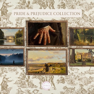 May include: A gallery wall set featuring six framed landscape and portrait paintings arranged on a cream background with a brown toile pattern. The text PRIDE & PREJUDICE COLLECTION is centered at the top. The art includes scenes of estates, a moorland, and a close-up of a hand.