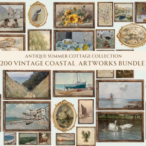Puede incluir: Una colección de obras de arte costeras vintage, que incluye pinturas enmarcadas y piezas ovaladas. Las obras de arte presentan escenas de playa, arreglos florales y paisajes, con una estética cálida y antigua. El texto dice "Antique Summer Cottage Collection" y "200 Vintage Coastal Artworks Bundle."