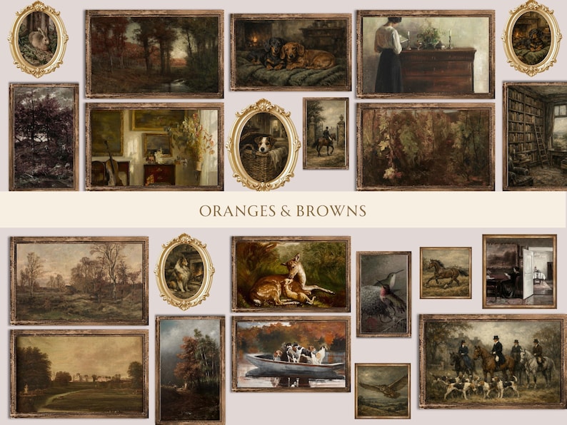 以下が含まれることがあります： 様々なサイズと形状の額装されたヴィンテージ絵画のコレクション。風景、動物、人物が描かれています。オレンジとブラウンを基調とした色使いで、豪華な金のフレームが特徴です。「ORANGES & BROWNS」の文字が表示されています。
