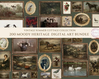 May include: A collection of vintage-style digital art prints, featuring framed landscape paintings, portraits, and still lifes. The artwork includes images of horses, birds, flowers, and people, with a moody, antique aesthetic. Text reads: "VINTAGE SUMMER COTTAGE COLLECTION 200 MOODY HERITAGE DIGITAL ART BUNDLE."
