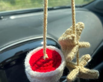Crab Rangoon & Sweet and Sour Sauce Crochet Car Dangle - Crochet Car Accessories- Rearview Mirror Accessories