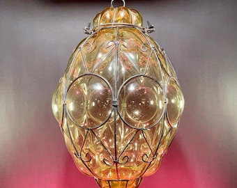 Large Vintage Caged Bubble Glass Hanging Fixture