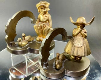 Pair of Frankart Bookends - Dutch Children with Geese