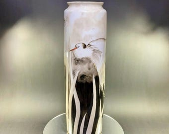 T & V Limoges France Floor Vase with Egrets in Flight