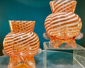 Pair Victorian Art Glass Pink & White Swirled Melon Vases