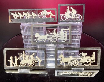 Juego antiguo de 5 piezas de calado para rompecabezas: transporte antiguo y camiones de bomberos.