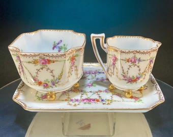 Antique Dresden Rococo Revival Sugar & Creamer w/ Underplate - Richard Wehsener / Rosenthal