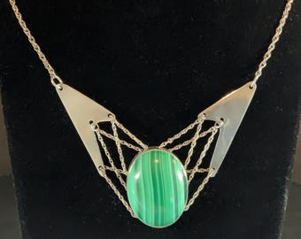 Vintage Sterling Silver and Malachite Spider Web Chain Necklace