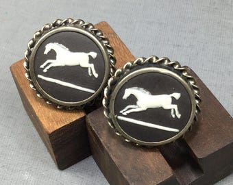 Pr Vintage Rainbow Sterling Silver 925 Cufflinks w/ Black Basalt Japerware Horses