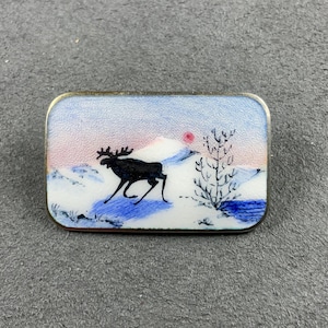 Sterling Silver Guilloche Enamel Brooch of Moose in Landscape by Aksel Holmsen - Norne