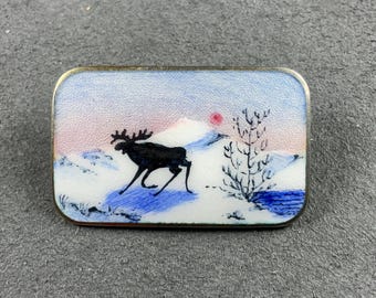 Sterling Silver Guilloche Enamel Brooch of Moose in Landscape by Aksel Holmsen - Norne