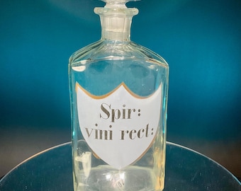 Frasco de vidrio tallado de farmacia/boticario antiguo - Spir: Vini Rect